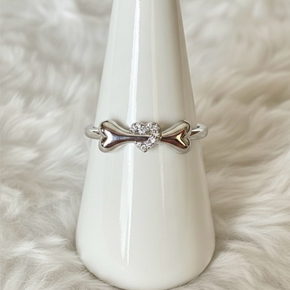 Sterling Silver Dog Bone & Heart Round Cut Clear CZ Ring, size 9
